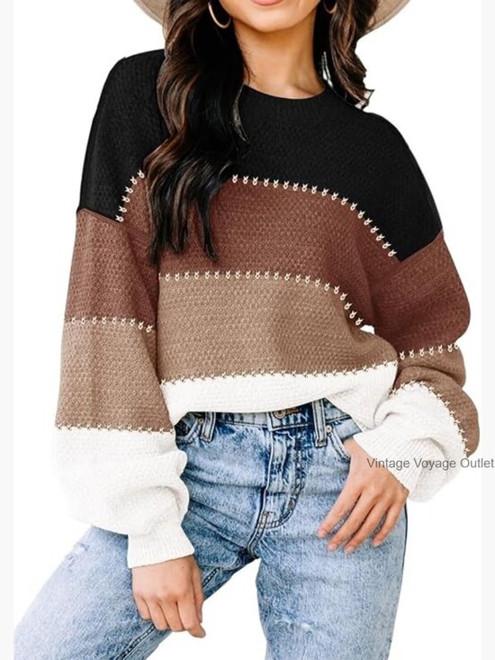 Sweaters - Oversized Pullover Sweater, Long Batwing Sleeves, Crew Neck, Knit Top
